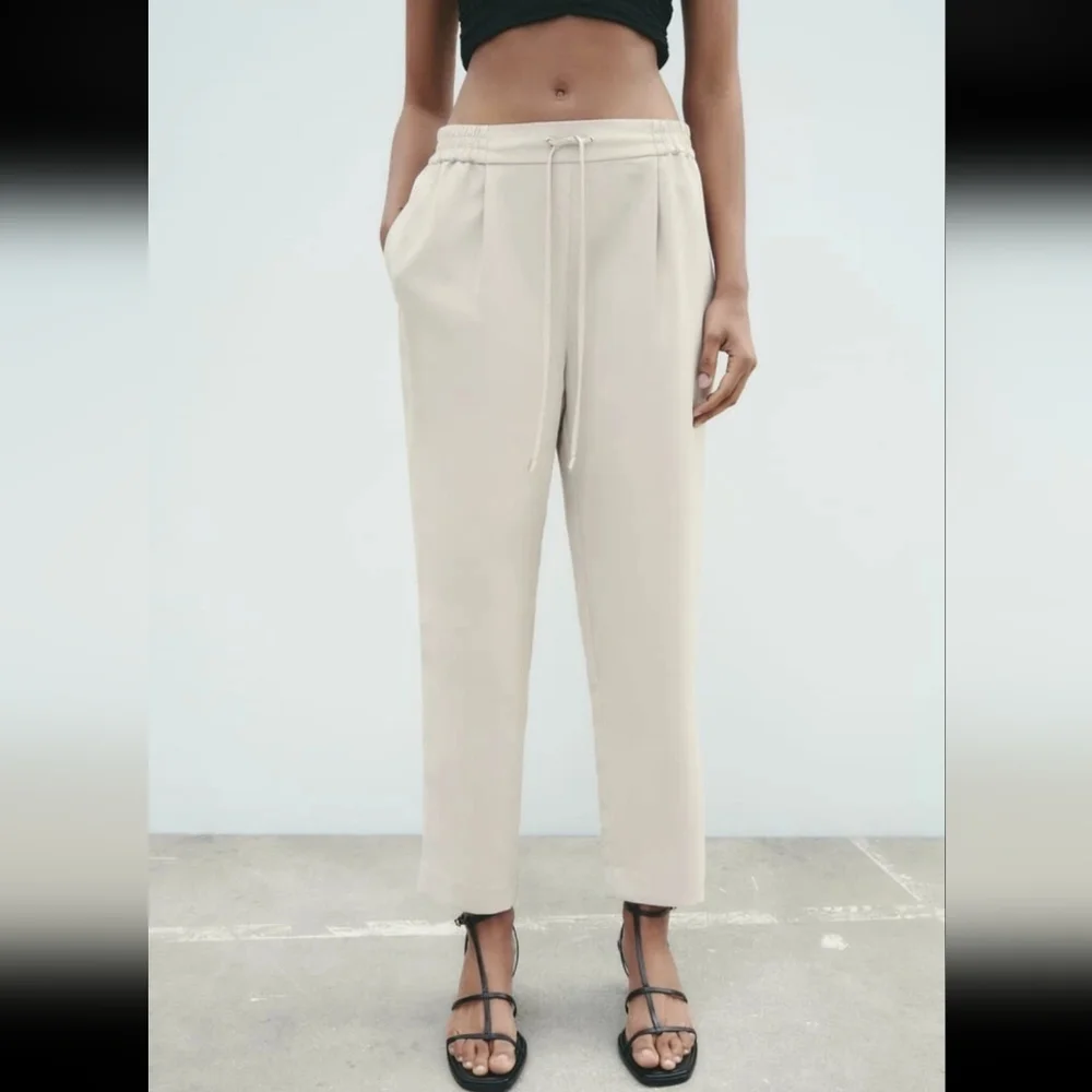 Zara High Waisted Beige Drawstring Pajama Style Ankle Pants XS - Picture 5 of 15